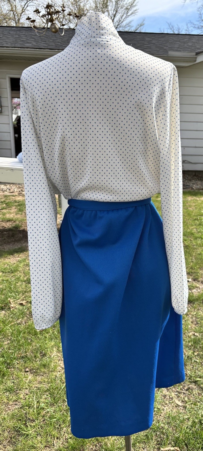VTG 1970s Secretary Dress Pussy Bow Vest Midi Belt Blue White Stretchy XL B42″