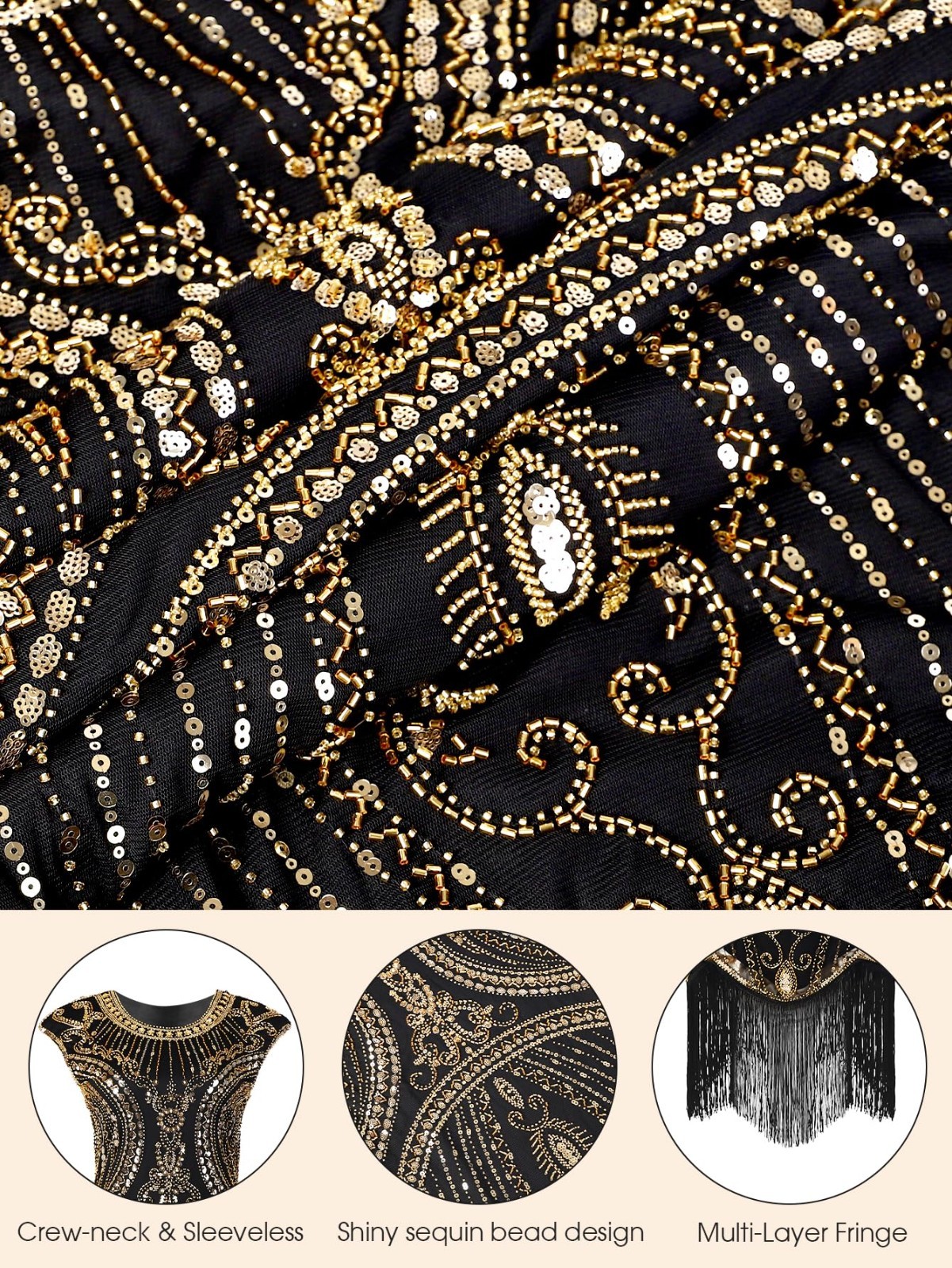 1920s Women’s Flapper Dress Great Gatsby Sequin Fringed Cocktail Outfit + Access