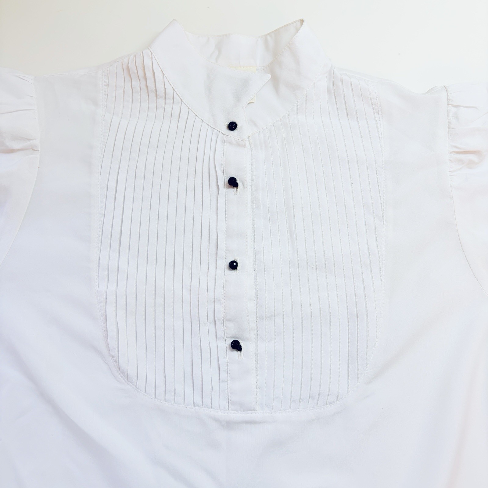 Vtg City Girl Tuxedo Top SZ M Off White Pleats Bib Puff Sleeve Prairie High Neck