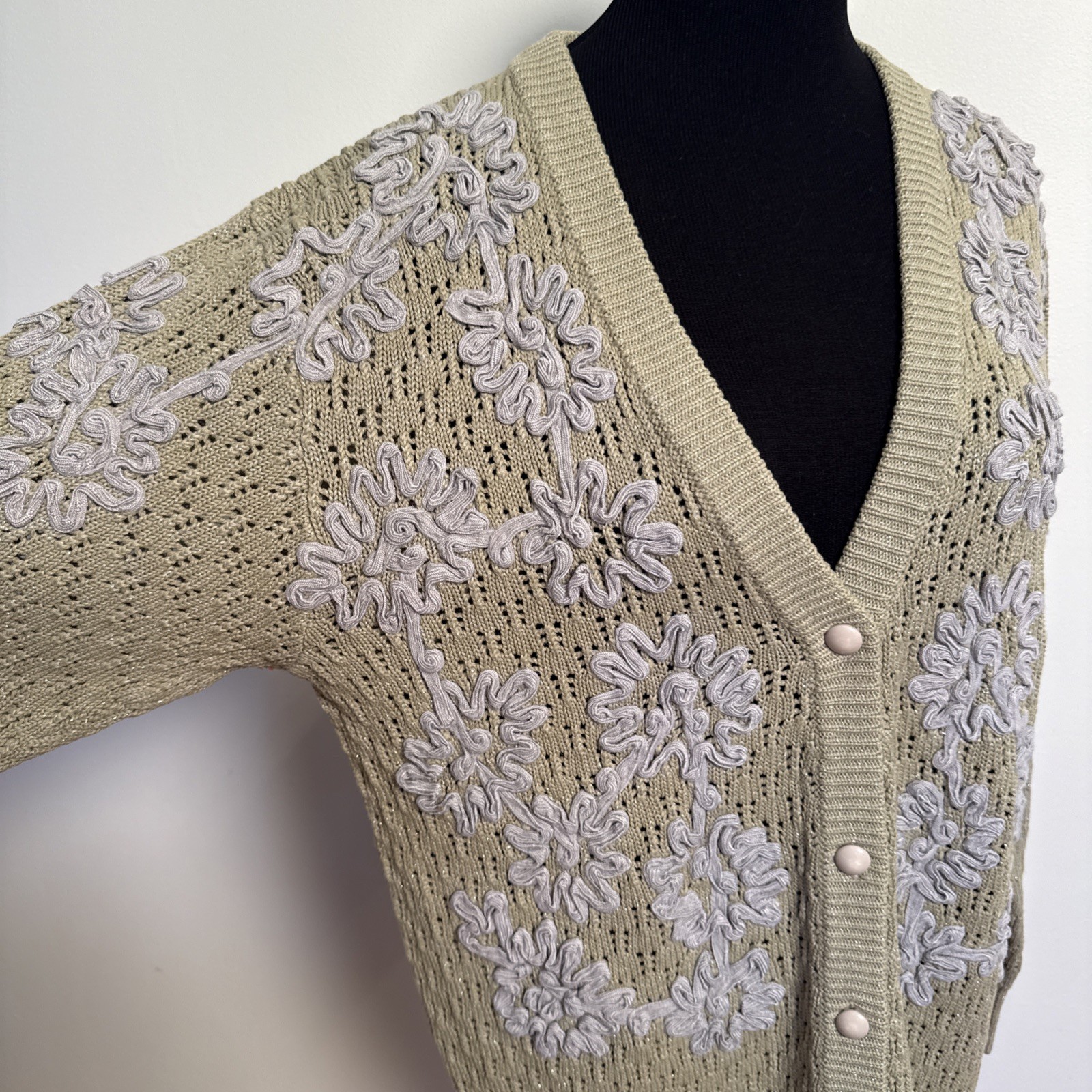 Vintage Fully Fashion Crochet Knit Appliqué Metallic Cardigan Wool Blend S-M
