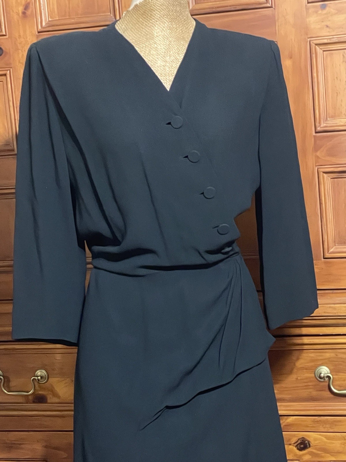 Vintage 40’s Design By Adele Simpson Black Crepe Dress w/Peplum WW2 Era 29w