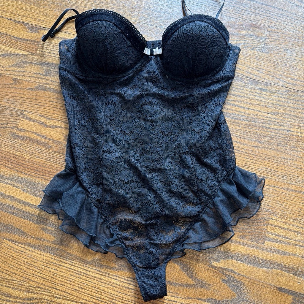 Vintage Y2K black lace lingerie bodysuit with ruffles and pink bow size M