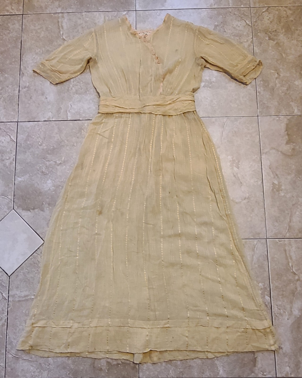 Antique Edwardian Victorian Pale Yellow Sheer Lace Maxi Dress XS-S Wedding Gown