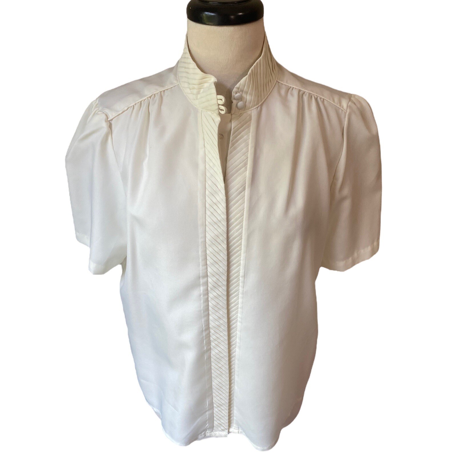 VTG Rhoda Lee 50s 60s White Ivory Blouse Sz 16 High Neck Short Sleeve Button Up