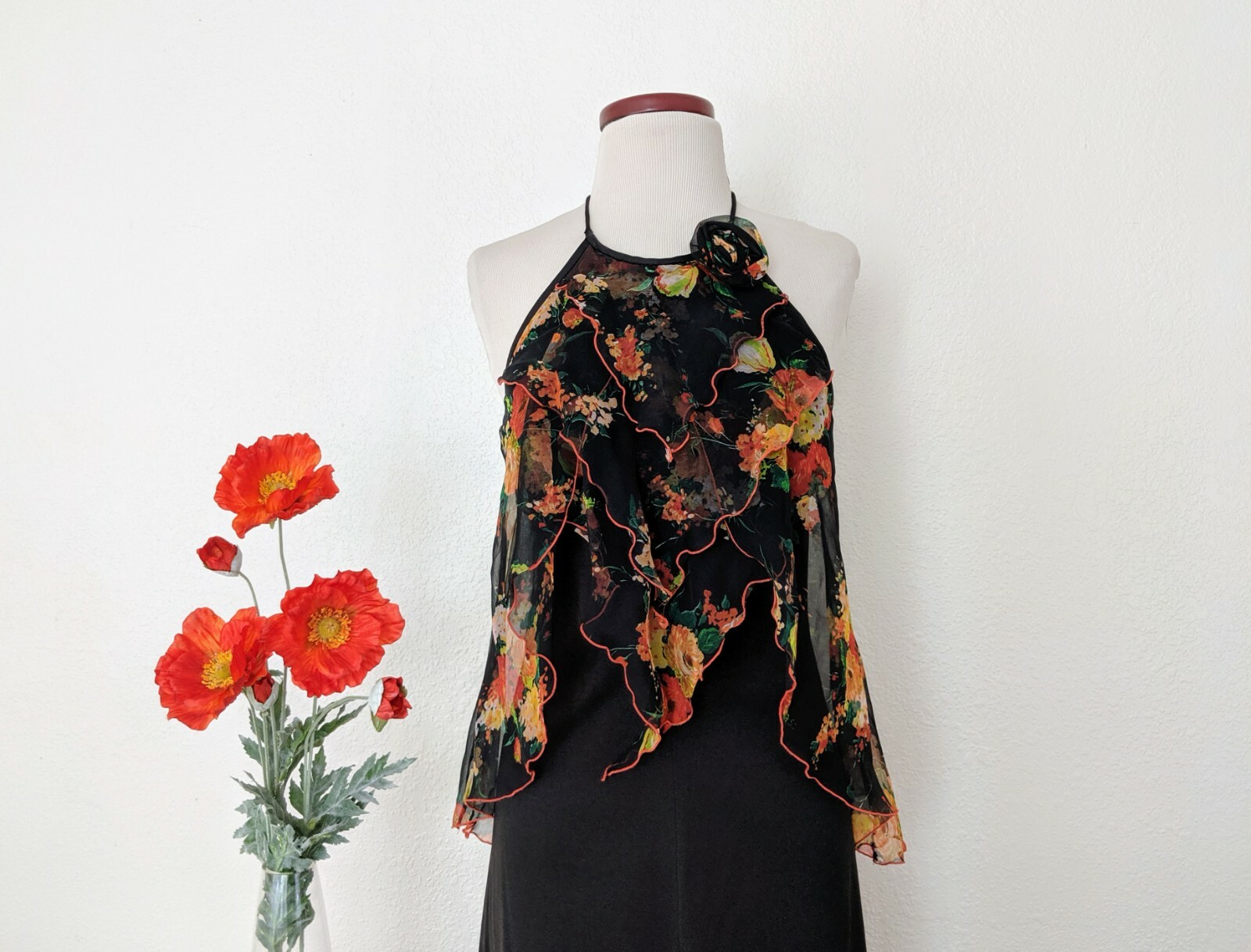 Vintage 70s Black Floral Maxi Dress, 1970s Boho Halter Top Long Jersey Dress