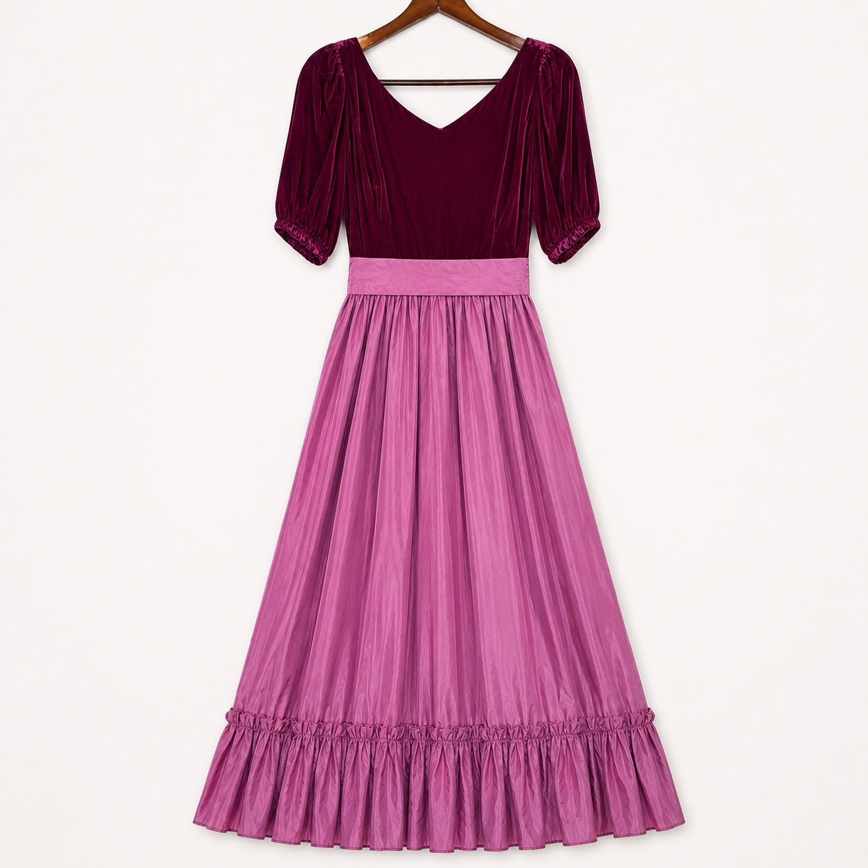 Vintage USA Velvet Taffeta Maxi Dress Burgundy Pink Puff Sleeve 20
