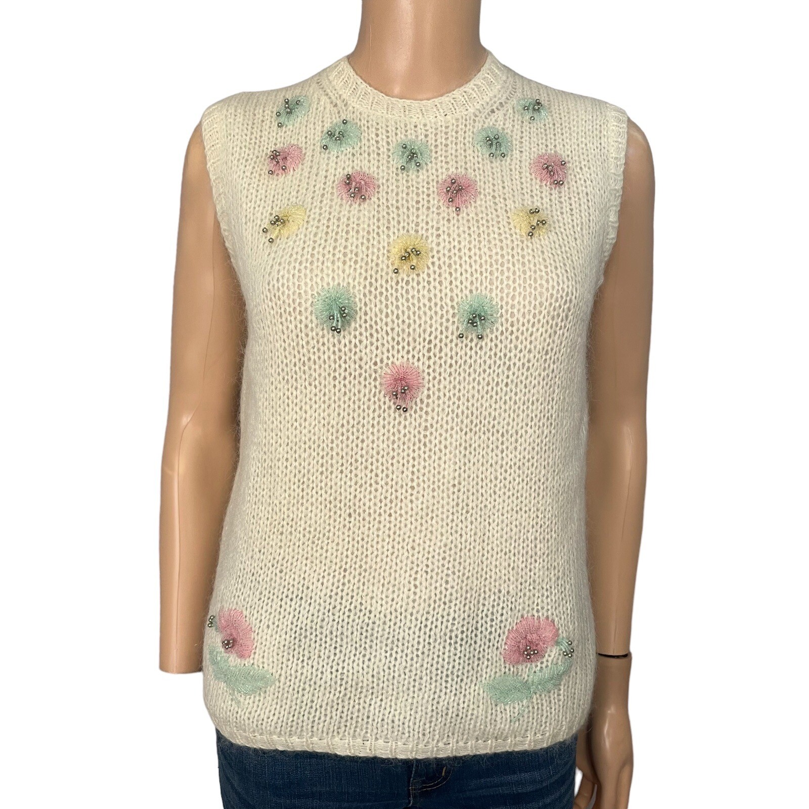 50s 60s Joyce Sportswear Womens Beaded Knit Tank Top Wool Blend Cream Small 4/6