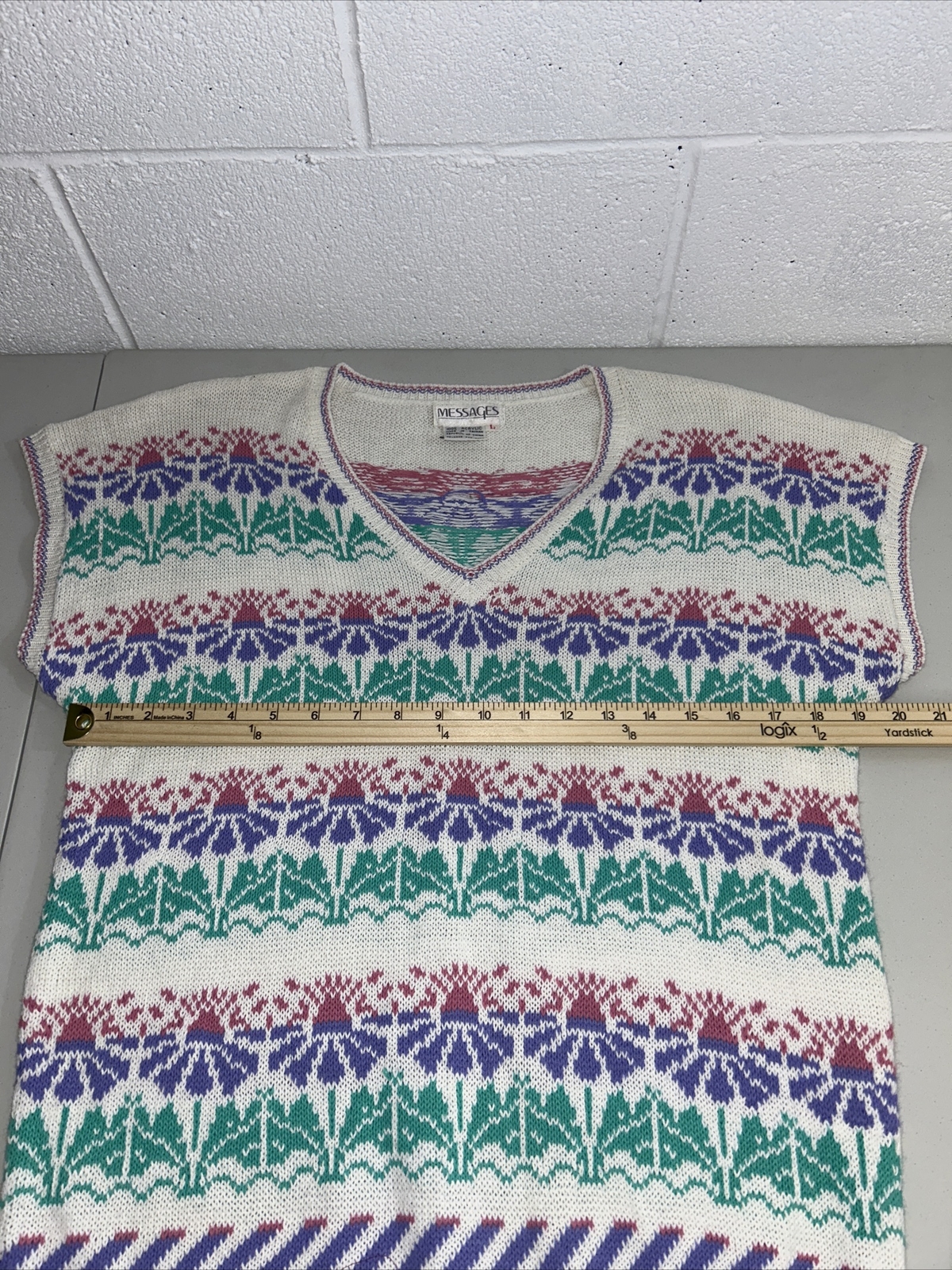 Vtg Pastel Top Messages Short Sleeve grandma 80s geek Spring Sweater large A2