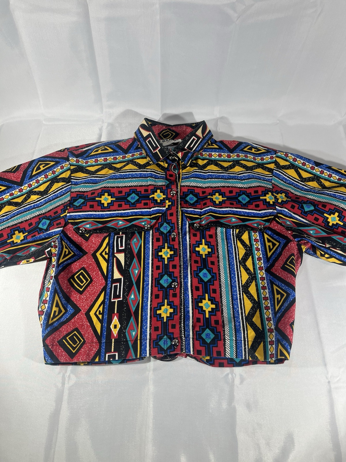 Vintage Banjo Women’s Western Crop Top Shirt Sz M Aztec Print Rodeo Barrel Race