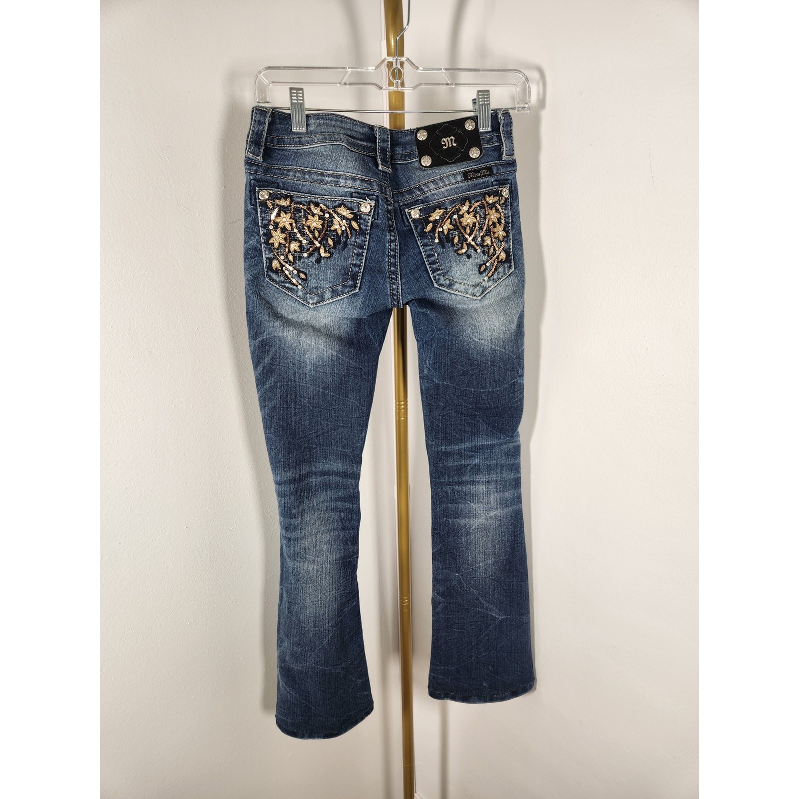 Miss Me Signature Rise Boot Jean Floral Rhinestone Embroidered Pocket Sz 24 Y2K