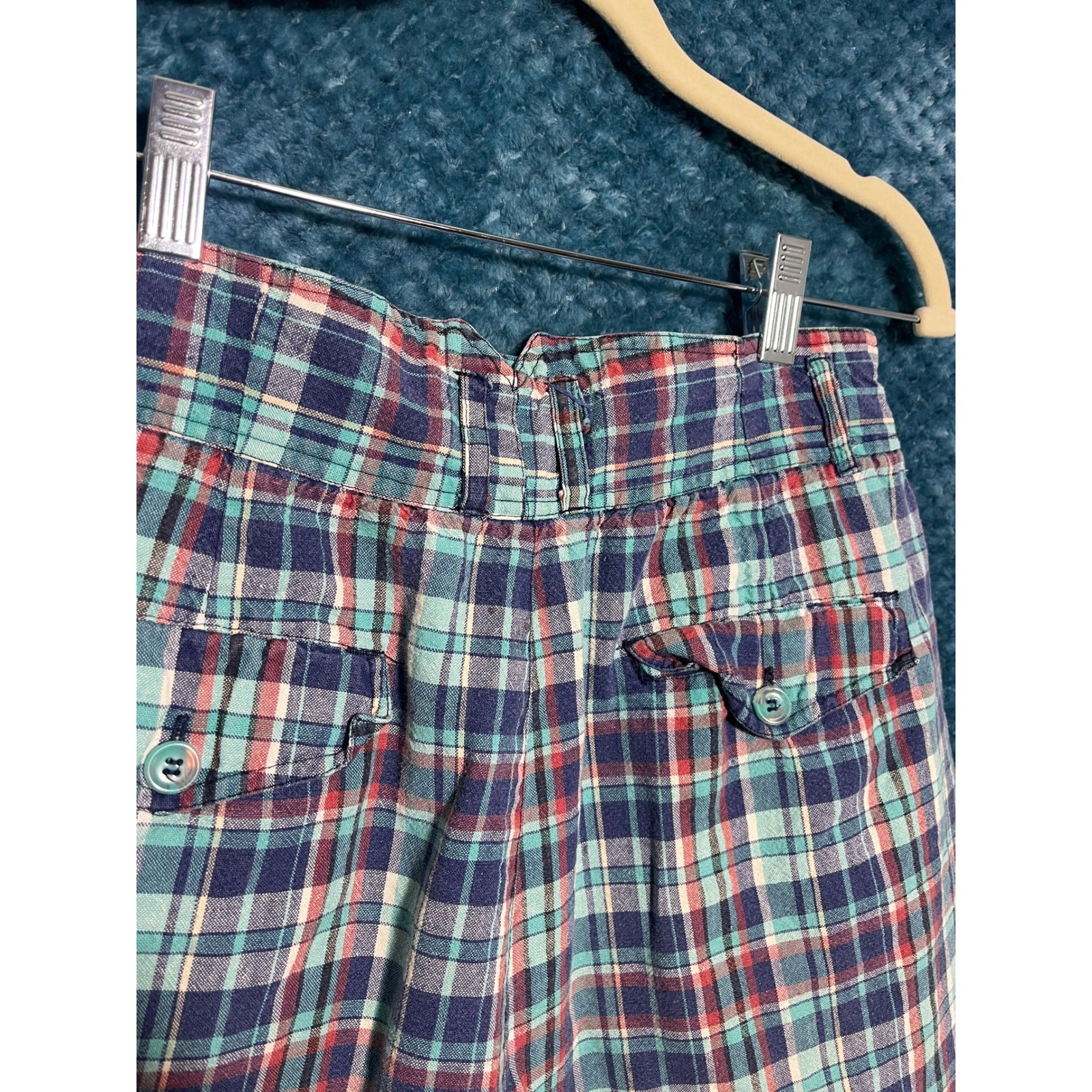 Vintage High Waisted Plaid Pleated Shorts Teal Navy Red Multi Color Check