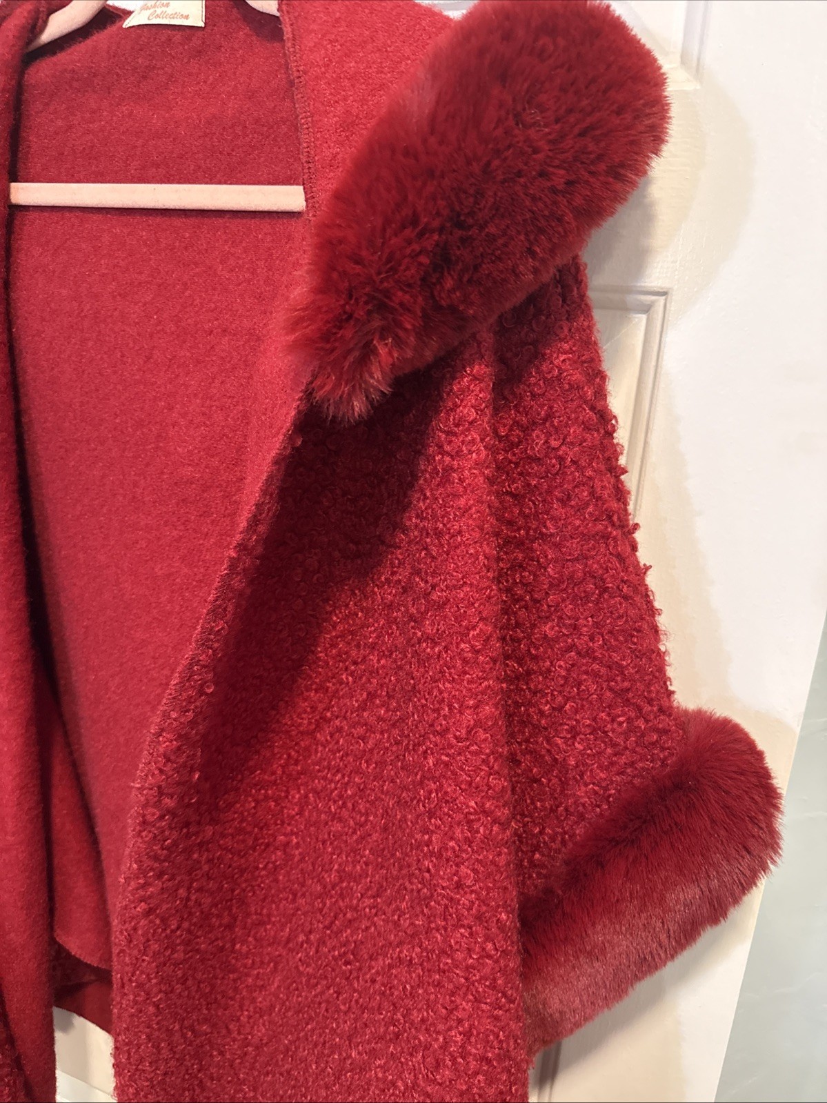 Cranberry Red Bouclé Cardigan Luxury Faux Fur Bouclé Cape Cotton Wool Blend OS