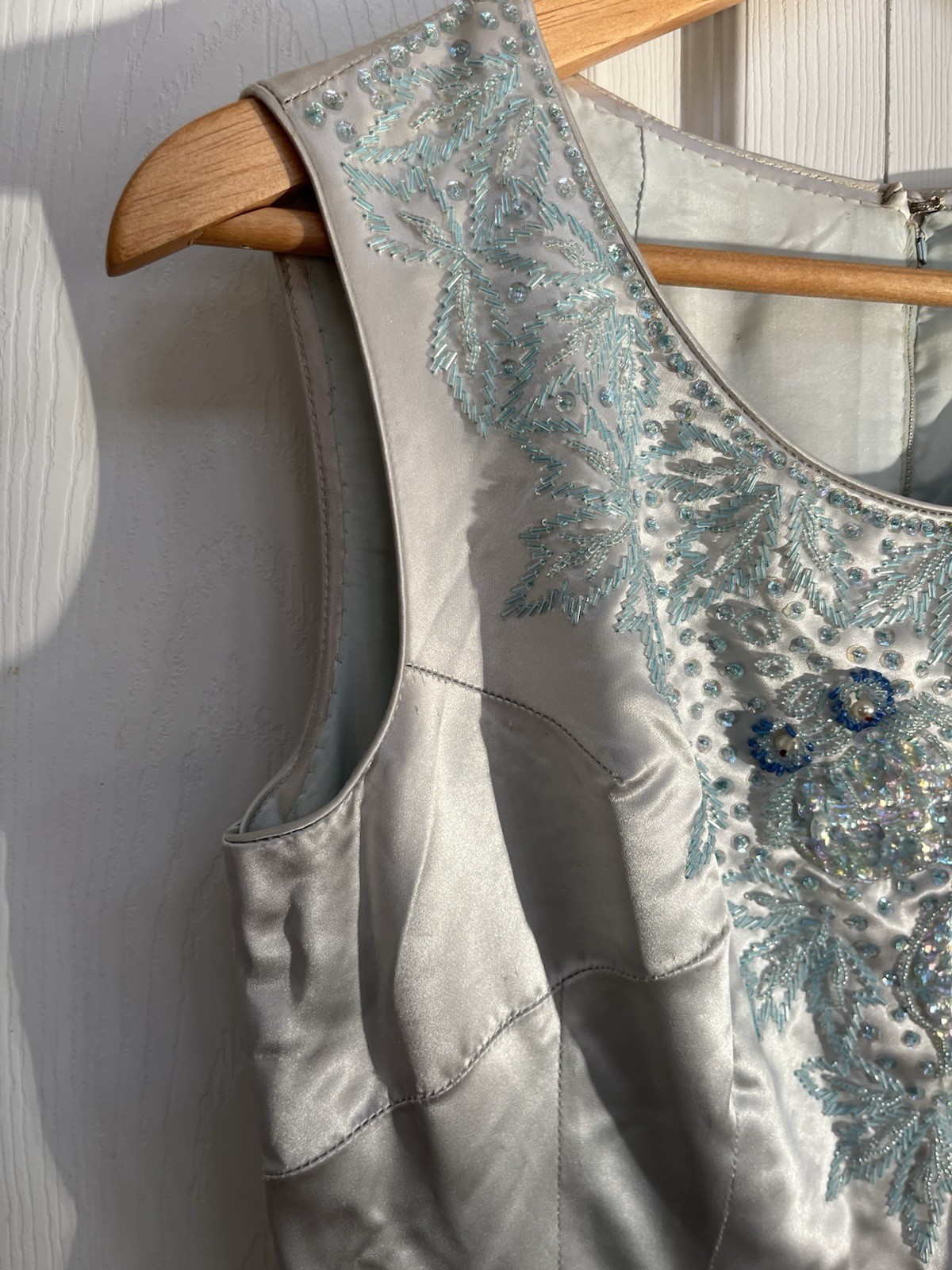 VTG 50/60s Satin Hand Beaded Sequin Light Blue Sheath Dress Sz Small Fish Koi