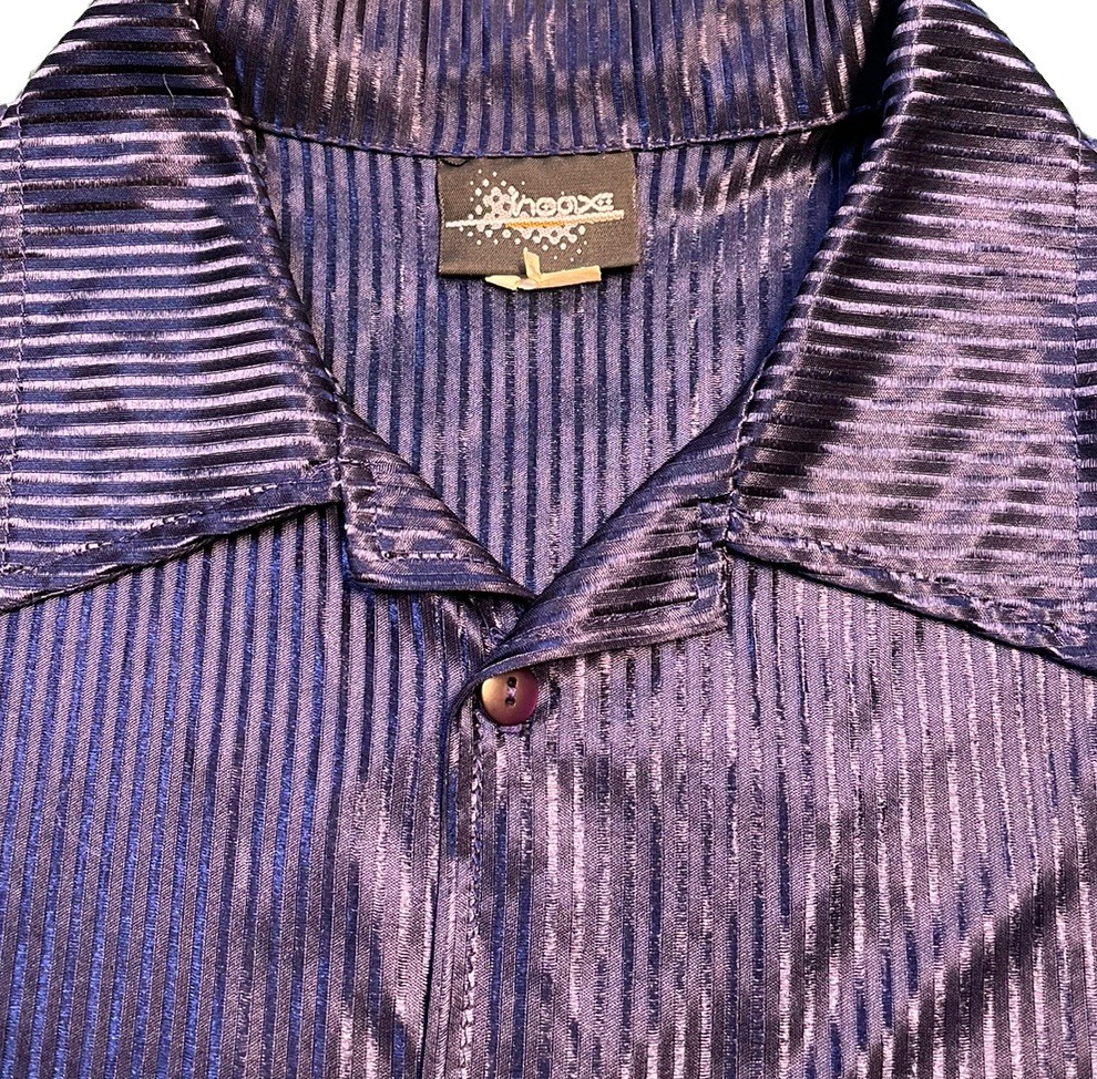 VTG USA Made Shiny Sheer Satin Button Shirt L Blue Y2K Rave Disco Party Top