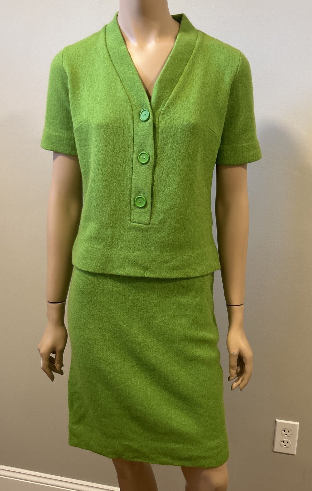 Vtg 60s Kimberly Knitwear Skirt Suit Set Lime Green Wool Mohair Mod Retro MCM