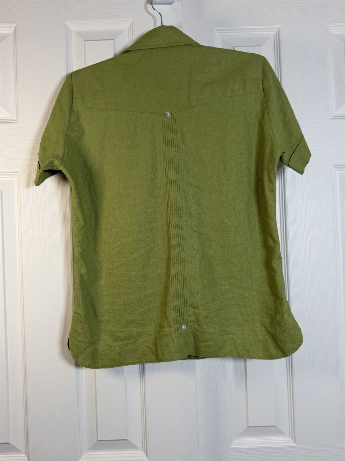 Vintage Panama Souvenir Guayabera Shirt S 55% Linen Cotton Green 4 Pocket