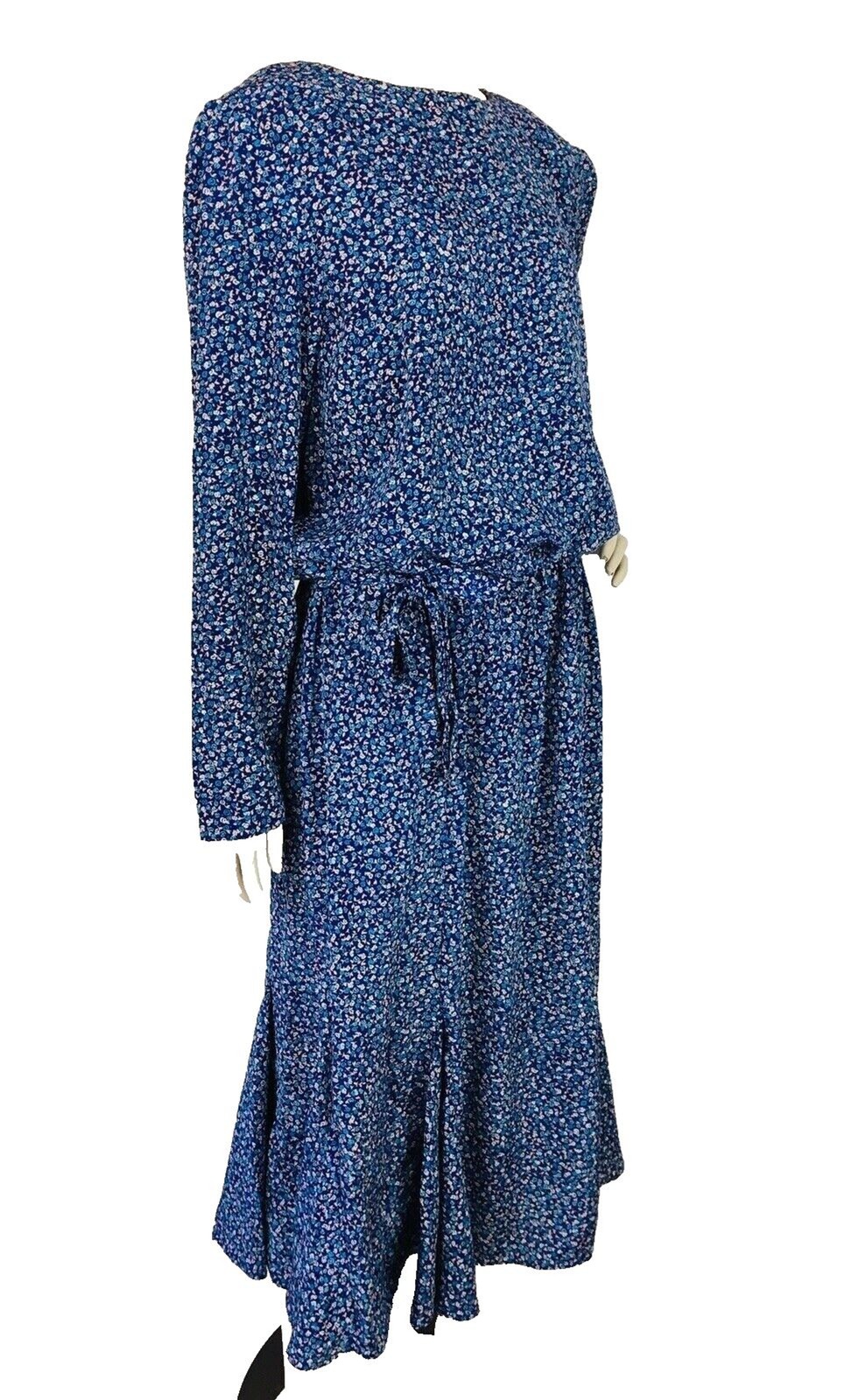 Vintage 70s Jordan Ari Blue Floral Modest Belted Paneled Prairie Maxi Dress XL