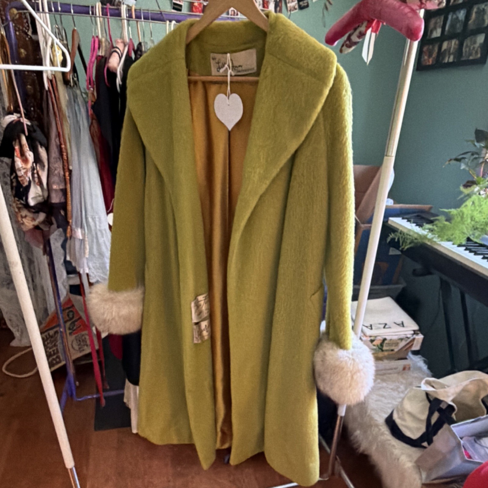 Lilli Ann Vintage Women’s Green Wool Coat with Fox Fur Cuffs