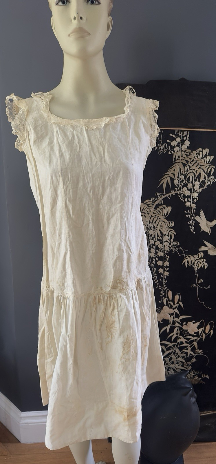 Lovely Antique 19C Lace Trim Cotton Lingerie Full Slip Dress Clothing