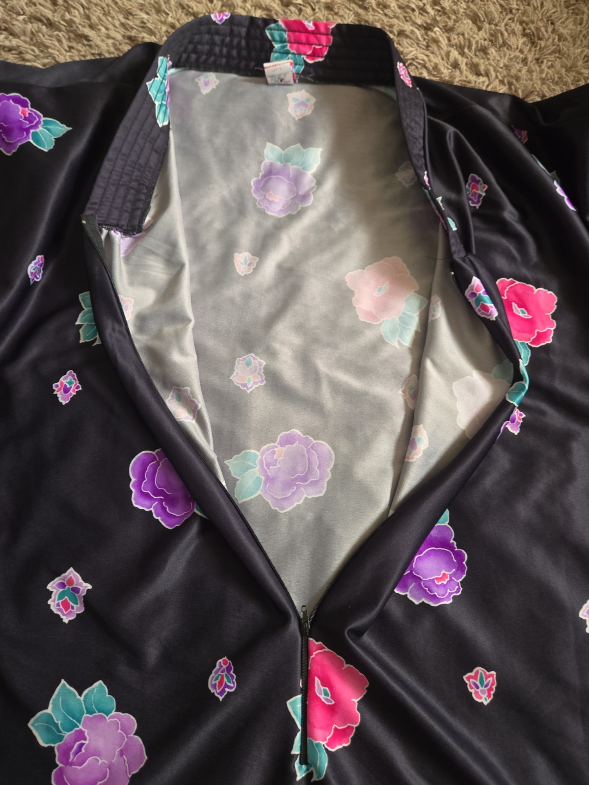 Granada Vintage Zip Front Caftan Robe Black Floral Maxi USA One Size Pocket