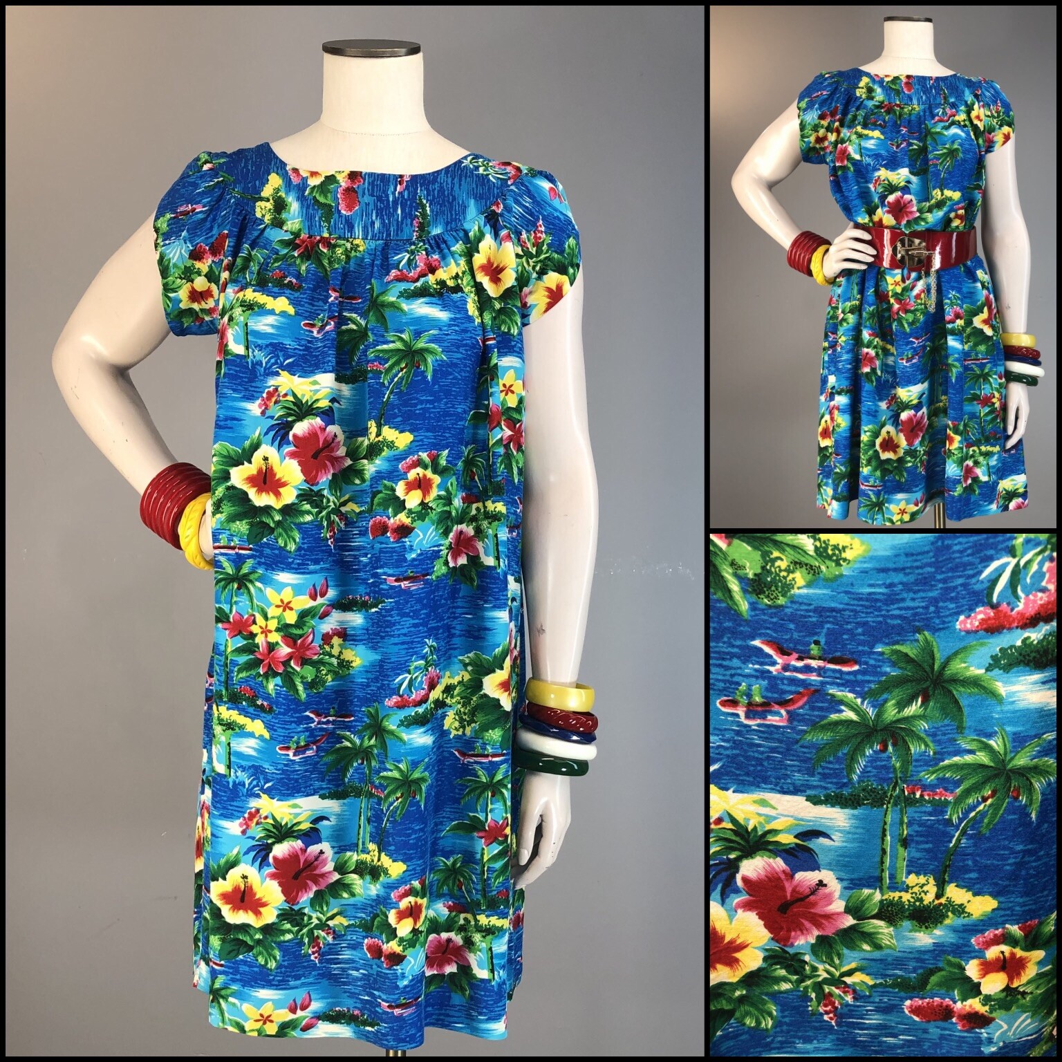 Vtg 60s Dress Hawaiian Classic Rayon Muu Muu Novelty Print Paradise Split Sleeve