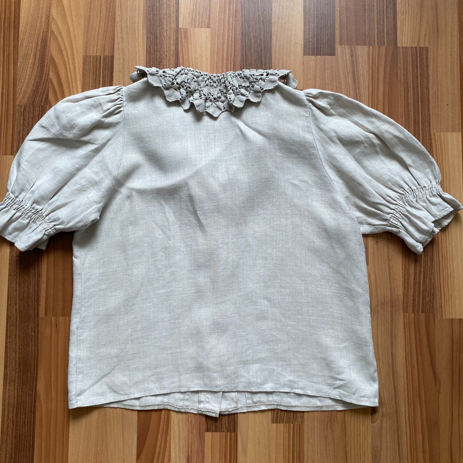 100% Linen Vintage Puff Sleeves Blouse Button Front Bavarian Romantic Folk 42