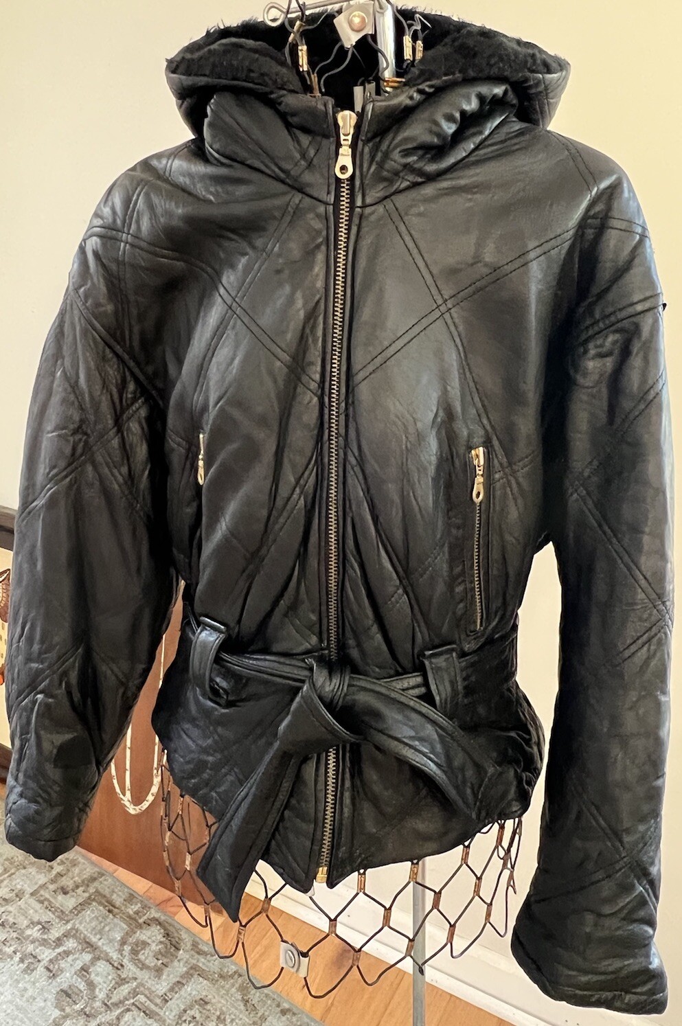 Women’s VTG Coat Black Leather Hood Belt Insulated Liner L Otello Pelle