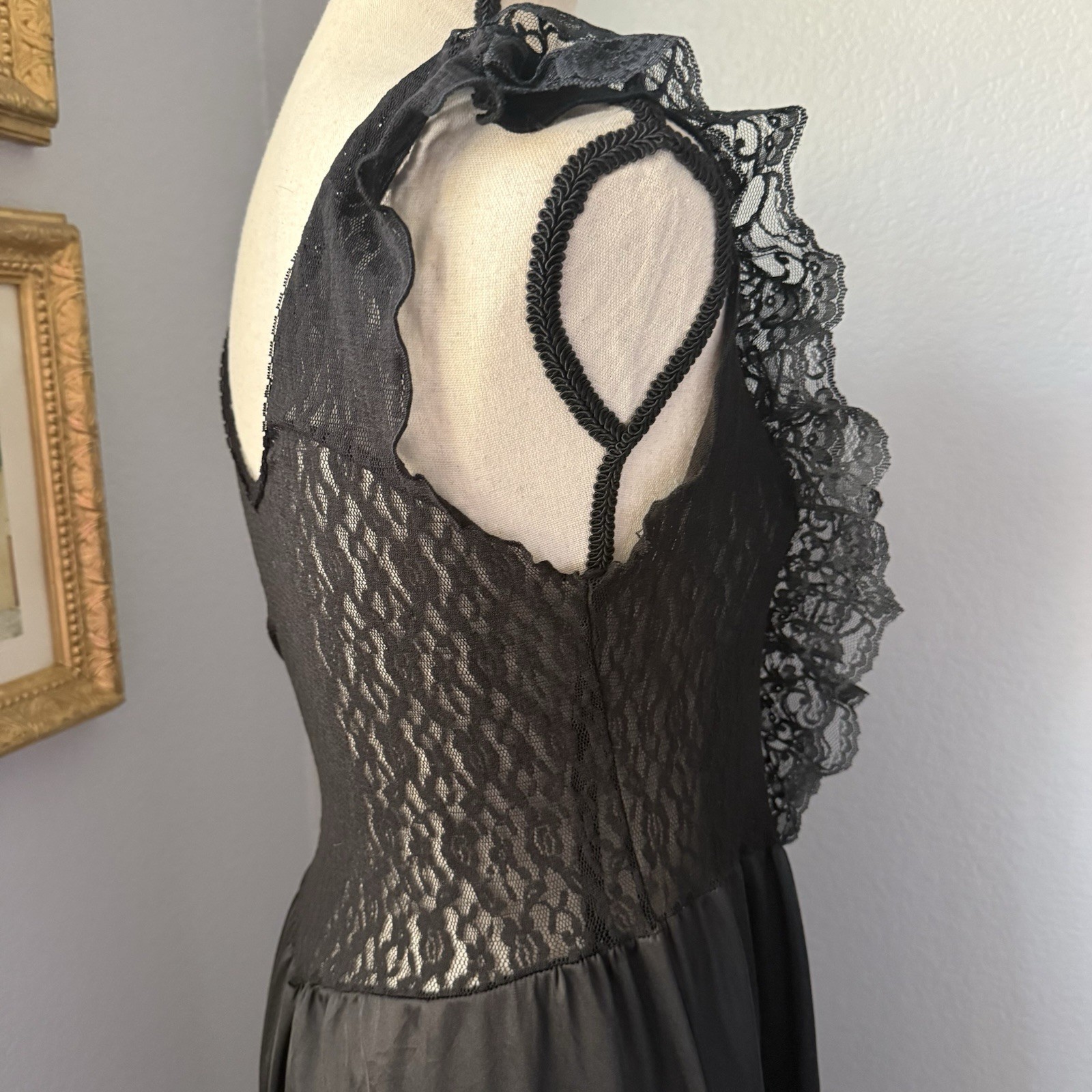 Vintage Black Nylon Slip Dress Dark Coquette Babydoll Lace Festival Rave Witchy