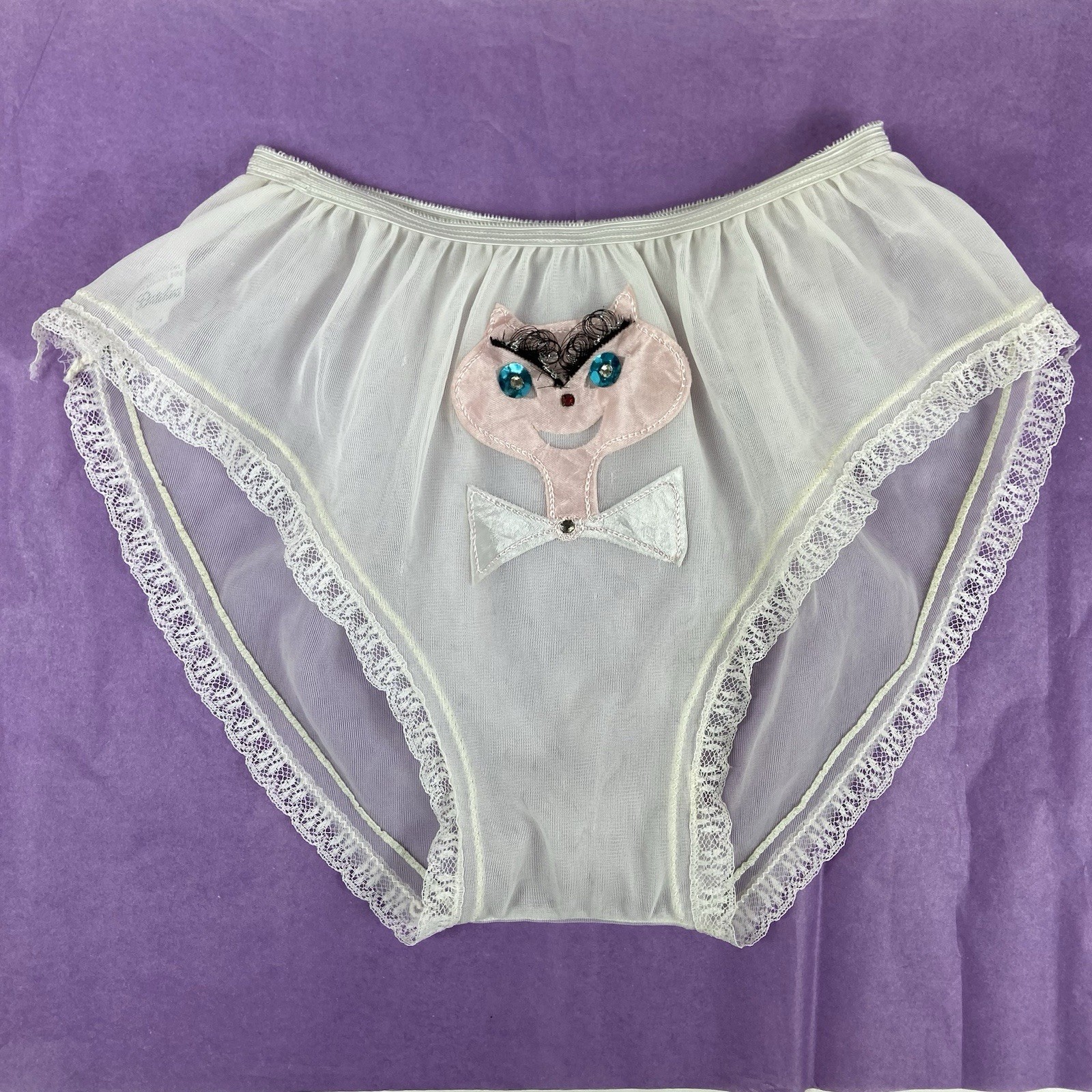 Vtg Custom Cat Appliqué Dutchess Double Layer Nylon Panties Sz M Sheer 50s 60s ?