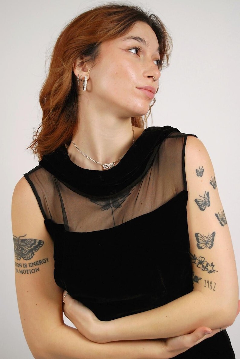 50s Velvet Dress (M) black mesh evening medium sheer cocktail basic minimalist