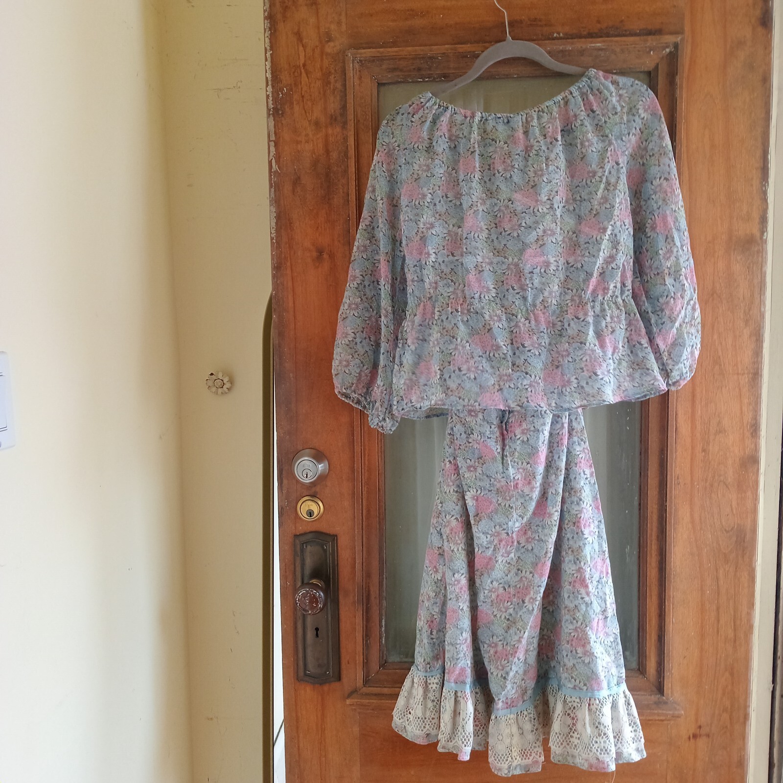 Vintage 70s Pastel Blue Floral 2 Piece Shirt Skirt Set S Hippie Boho Festival S