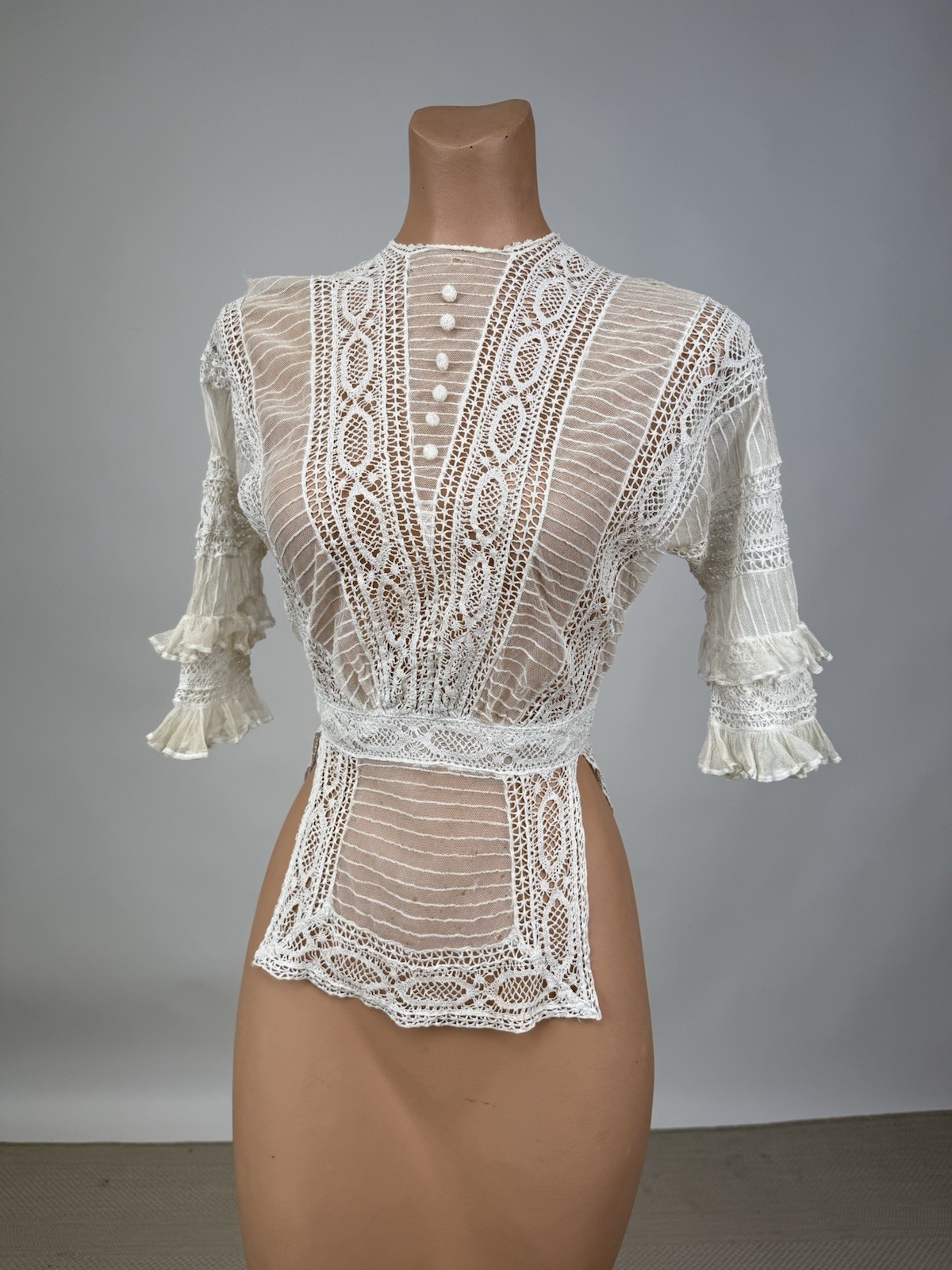 Antique Edwardian White Silk Net Cotton Crochet Blouse Ruffles Wounded BirdAS IS