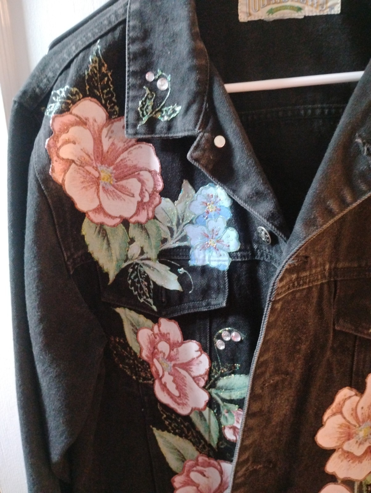 Vintage 80s Todays News Black Denim Jacket Embroidered Floral Rhinestone Concho