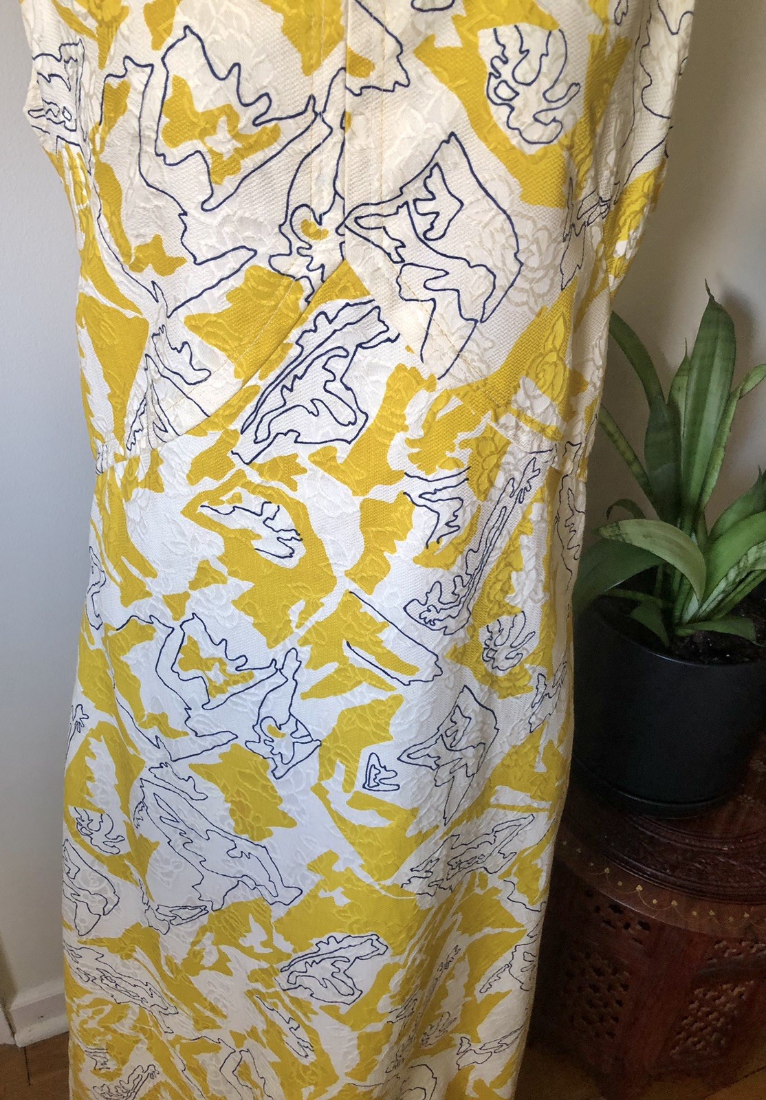 Mid Century Abstract Yellow, White, & Navy Blue Maxi Dress, M