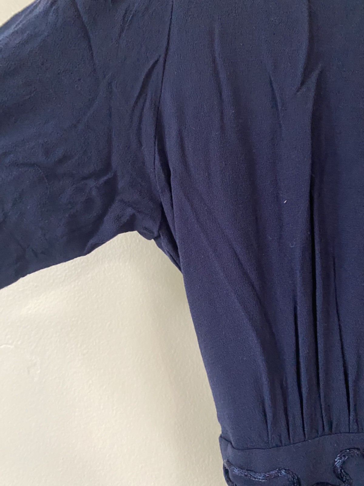 Vintage 1940s Style 80s Navy Dress, Women’s Medium Rayon Tie Back with Beading