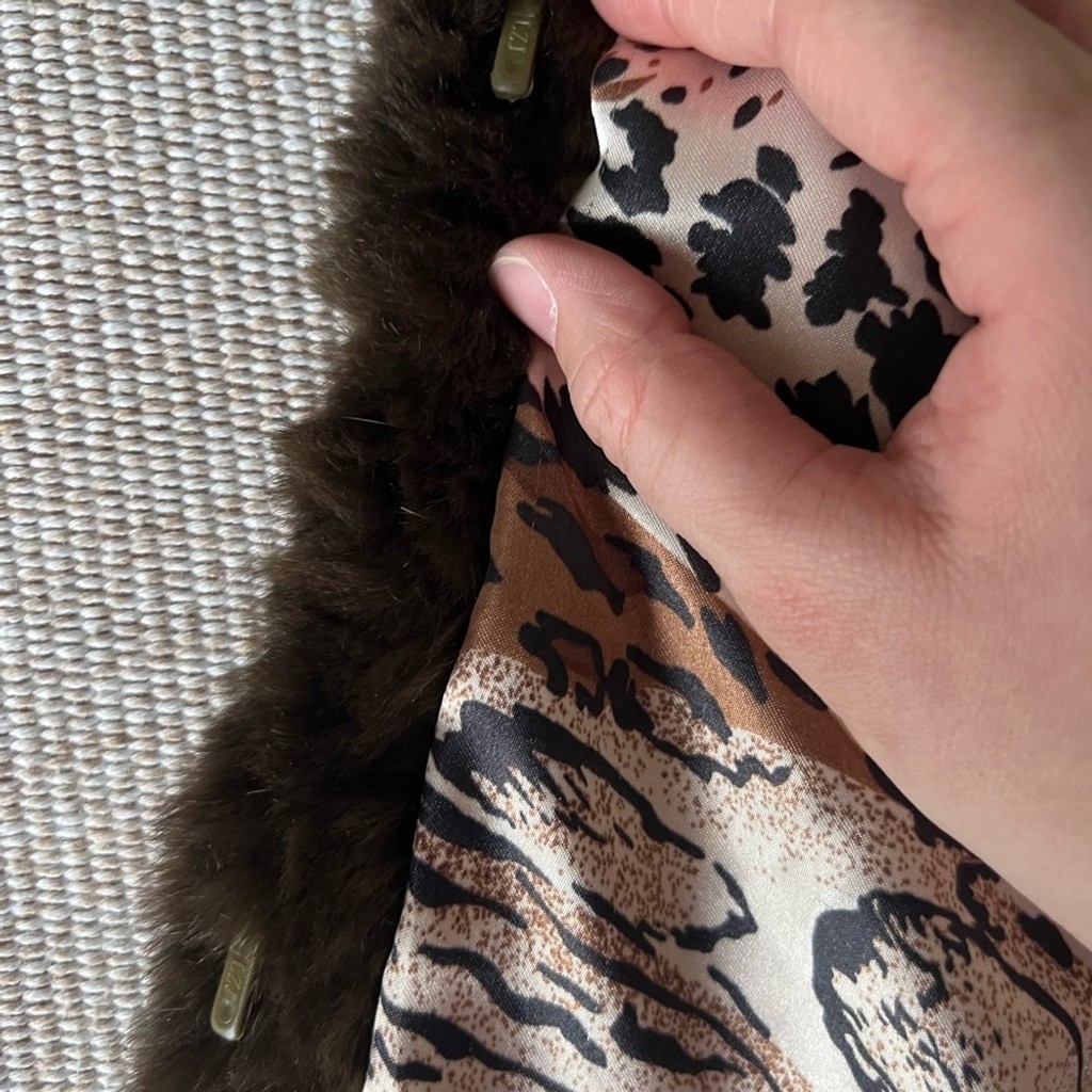 Vintage Brown-Green Real Rabbit & Fox Fur Jacket with Ring Details | Size M