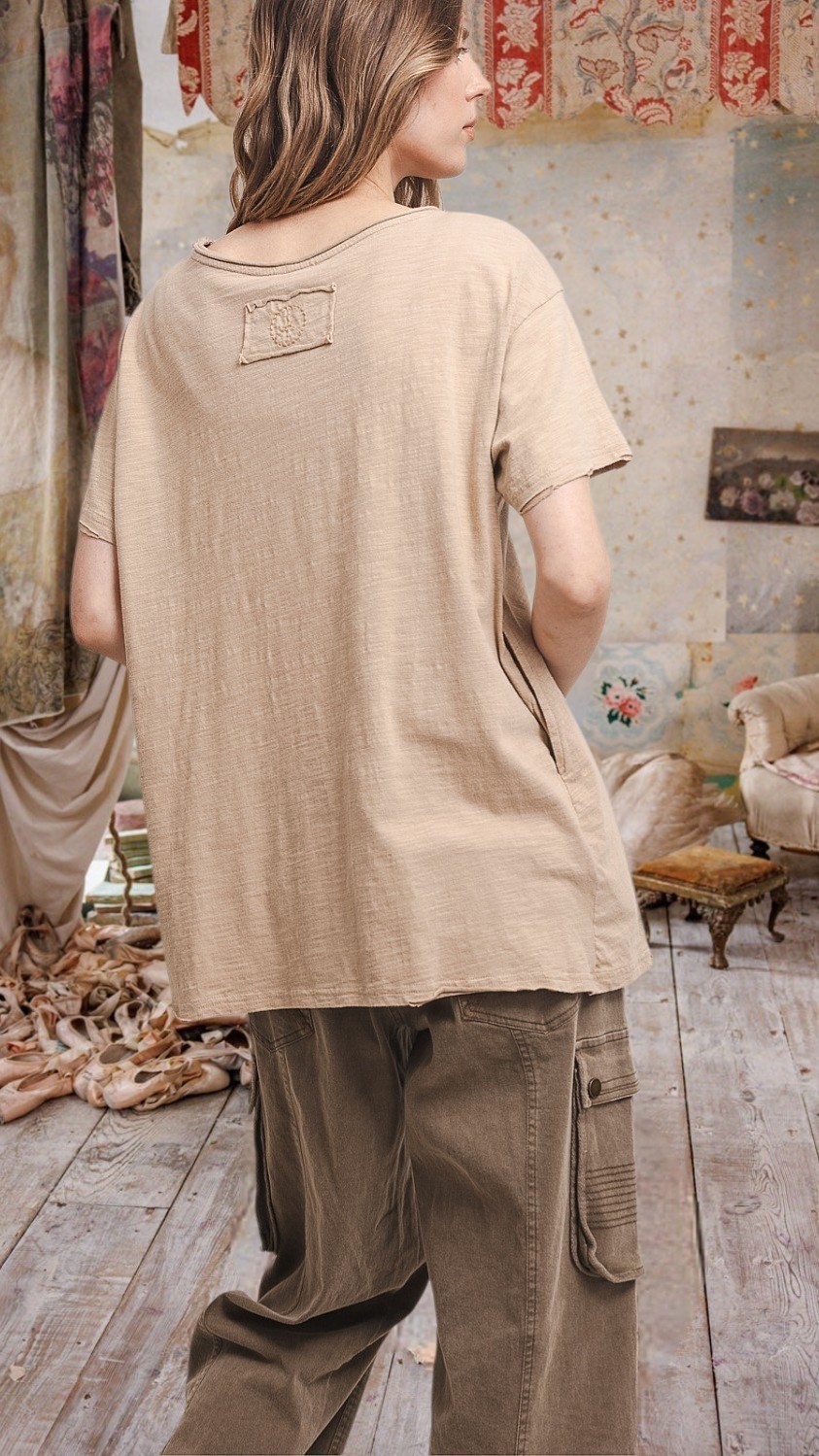 Magnolia Style Light Beige Vintage Distressed hippie boho Tunic shirt top S