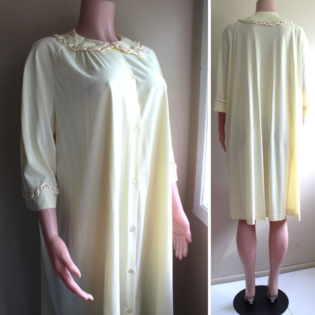 Vintage 50s Gossard Artemis Robe L Yellow Chiffon Nylon Button Satin Trim Knee