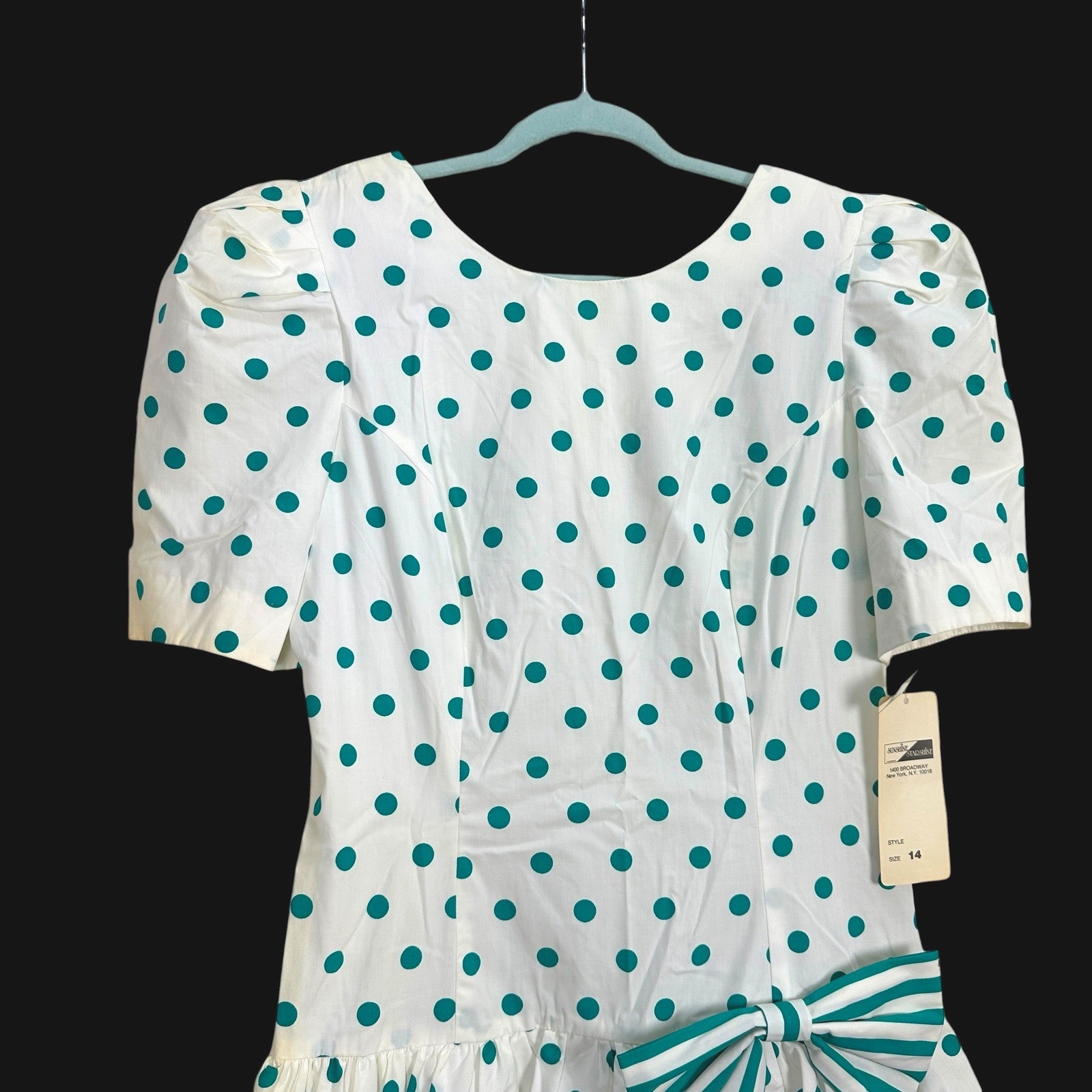 Sunshine Starshine Vintage 80s Polka Dot Peplum Dress Teal White Bow Size 14 NWT
