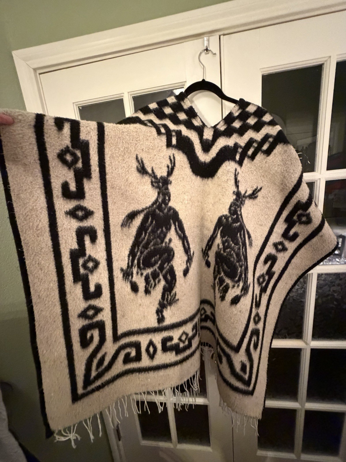 Vintage Reversible Black And White Native Indigenous Wool Poncho