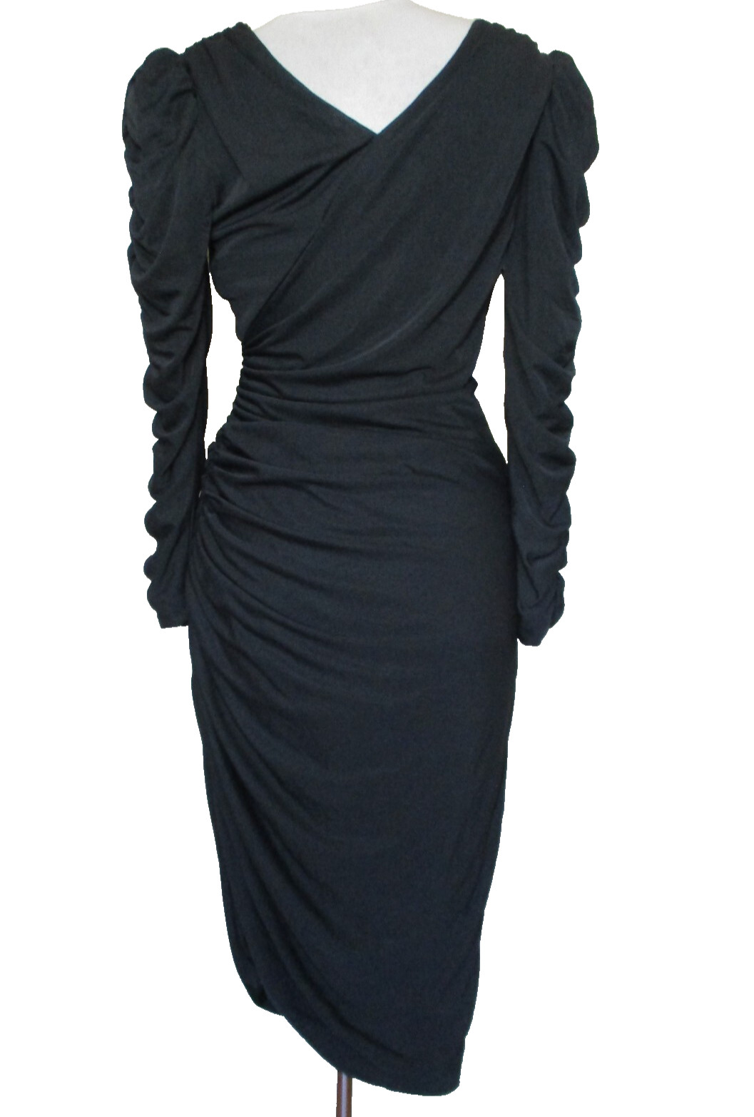 Vtg Samir California Dress Fitted Bead Black Strtch Poly V-Neck Ruched S/M Women