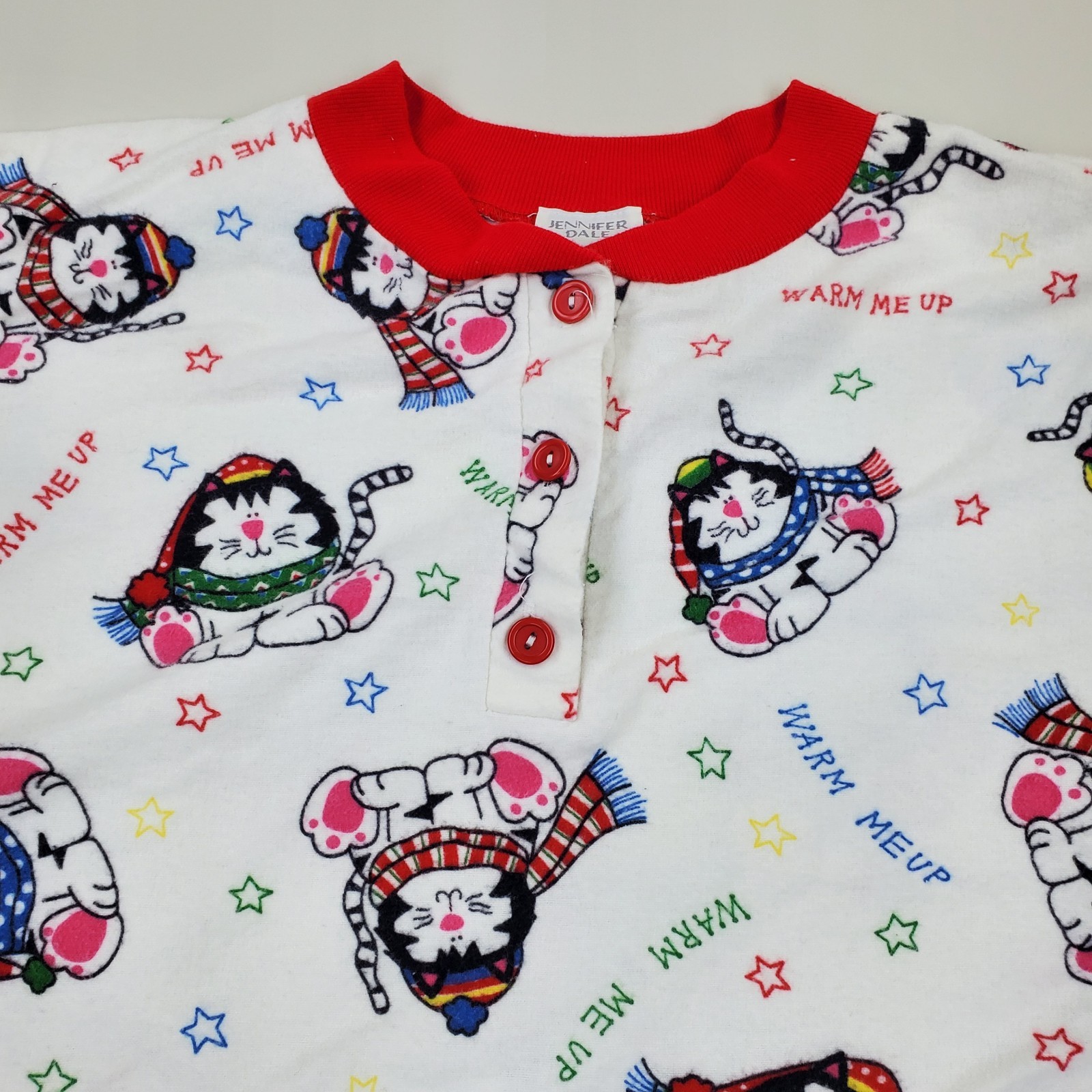 Vtg 80s Jennifer Dale Red Kitty Cats Cotton Pajama Top Sz XL ILGWU Made In USA