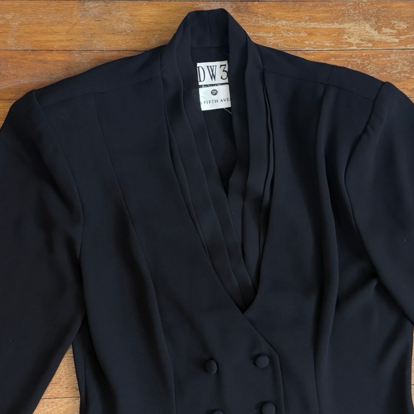 Vintage Double-Breasted Blazer Dress Size Medium 80s Black Sheer Crepe DW3 Saks