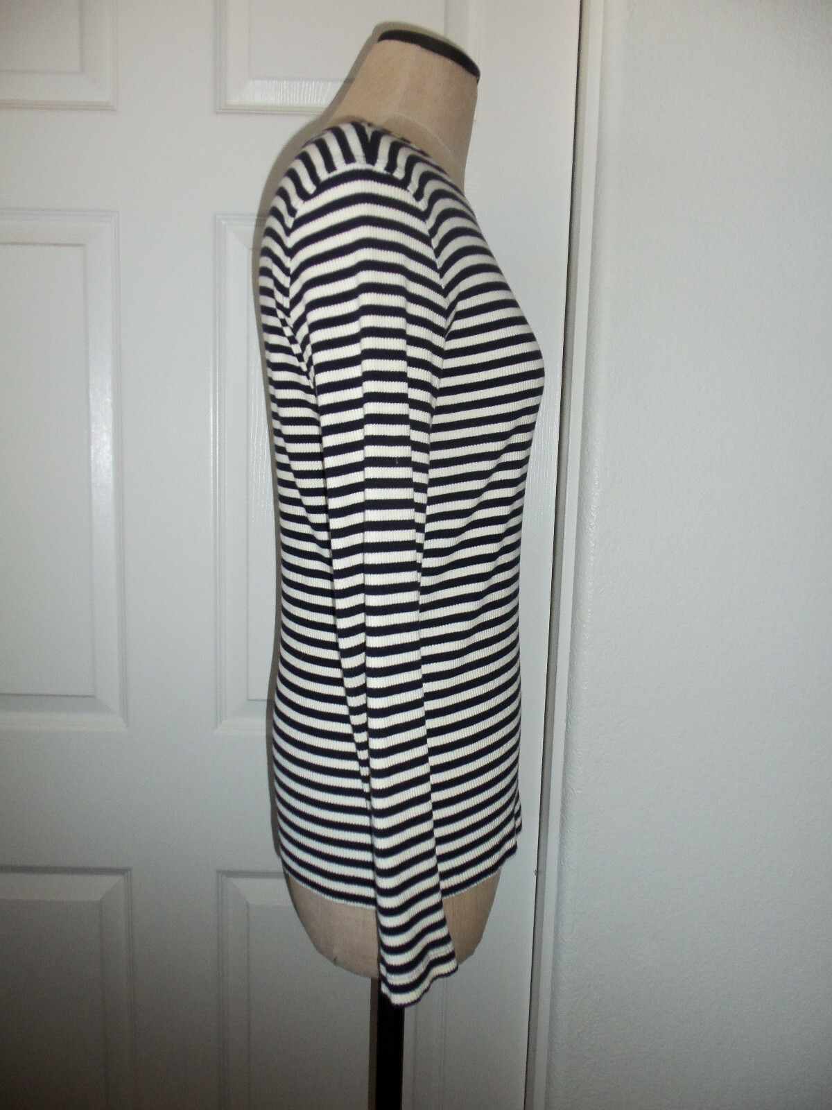 Vintage Banana Republic Navy Blue Cream Cotton Ribbed Knit Long Sleeve T-Shirt M