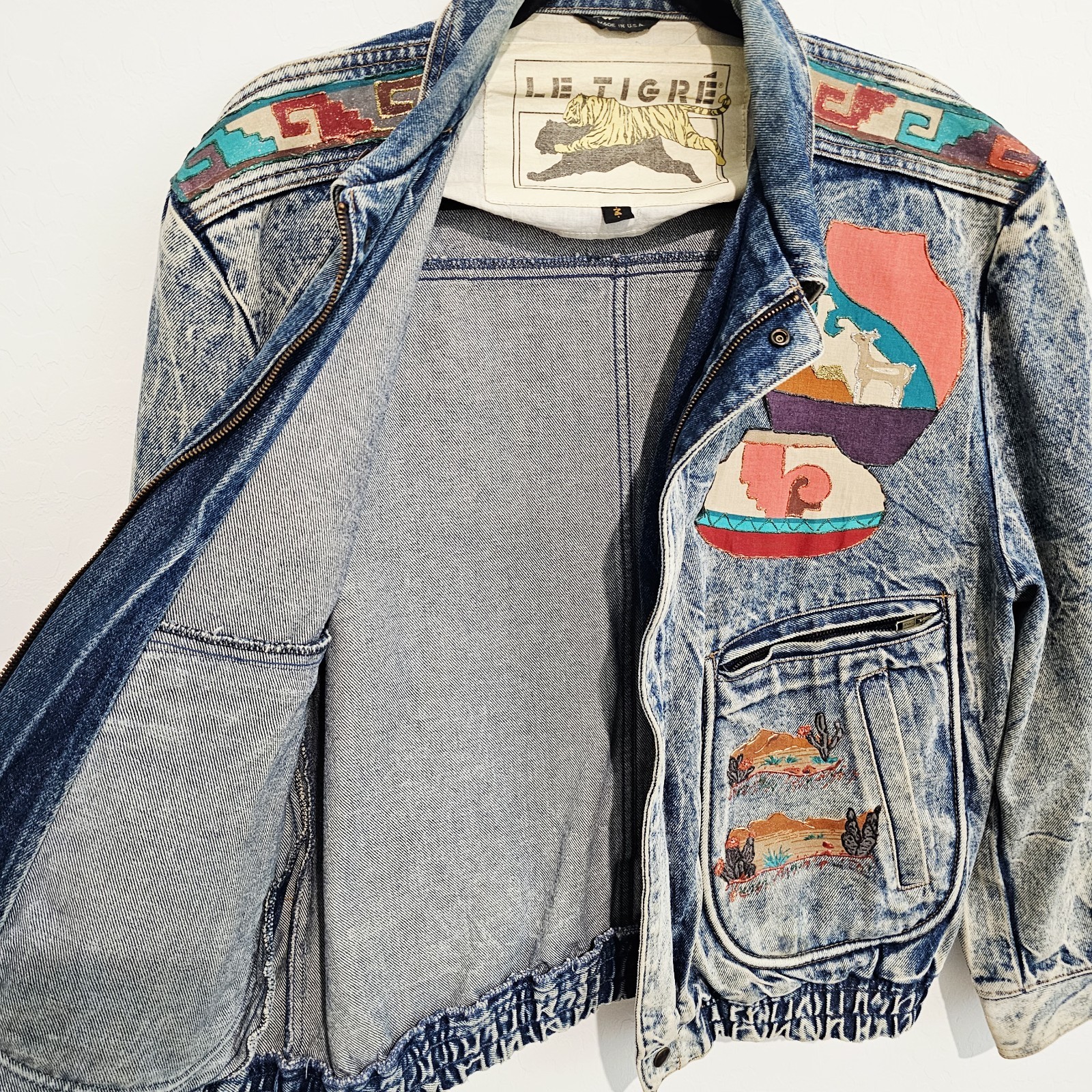 Vintage 80s Denim Jean Jacket Size M Acid Washed Southwestern Aztec Made In USA