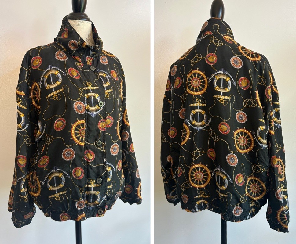 Vintage 1980s Old Money Nautical Silk Bomber Jacket Coat Oversized Zip Buttons M