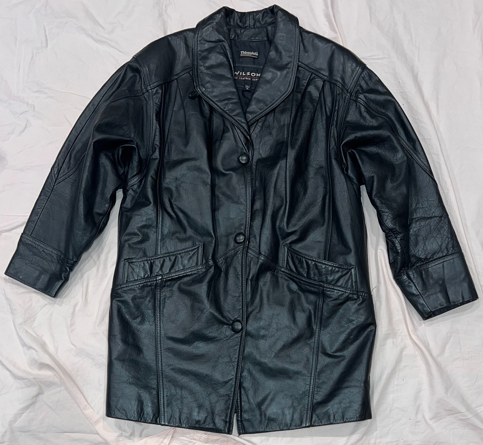 Vtg 80s Wilsons Black Genuine Leather Long Jacket Coat Size M, Thinsulate, Korea