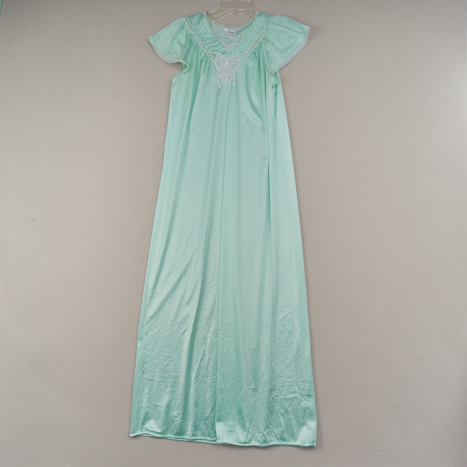 Vintage Vanity Fair Nightgown XS Mint Green Nylon Lace Bow Embroidery 51″