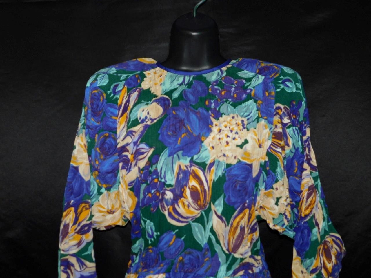 Vtg 80s Choon S Purple Yellow Floral Midi Shift Dress Pockets Blouson Textured