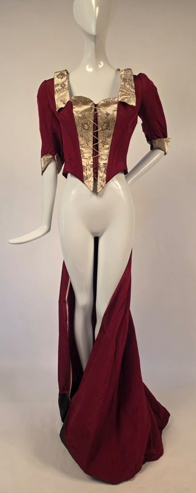 VICTORIAN 1880’S RED SILK BUSTLE DRESS JACKET W GOLD LAME BROCADE FRONT + TRAIN